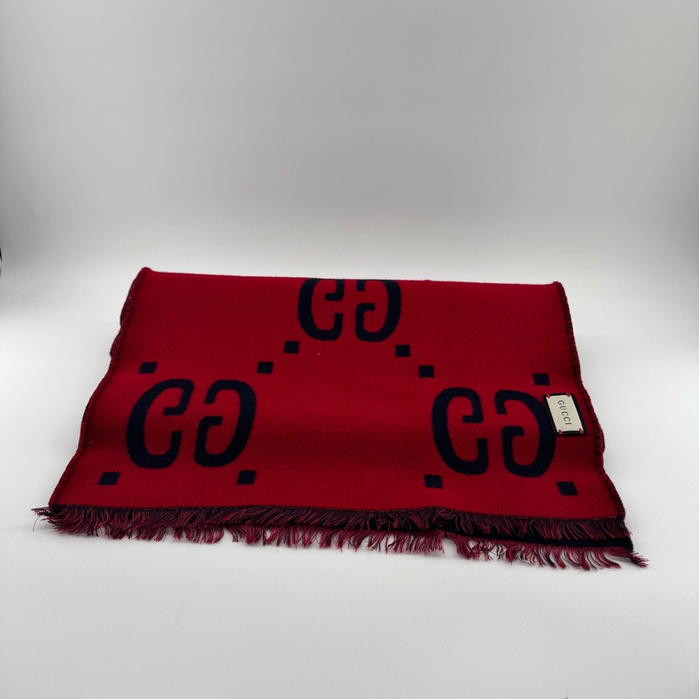 Gucci Red & Navy GG Logo Wool Scarf